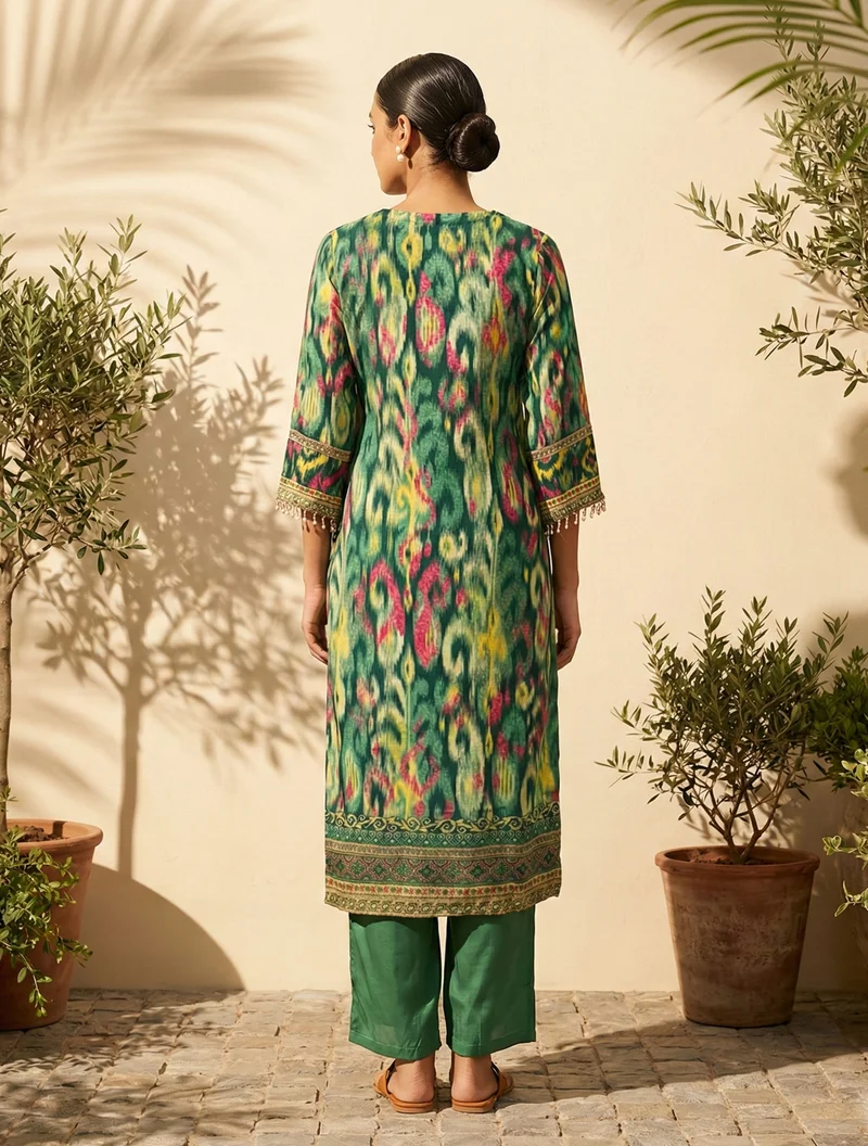 ترو برونز trueBrowns Green Ikat Print Embroidered V-Neck Kurta Pant Dupatta Set